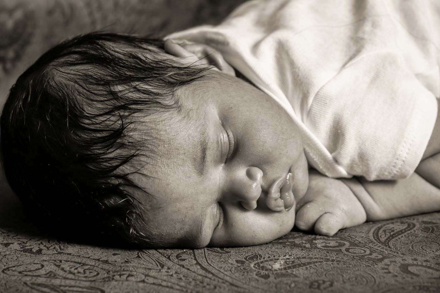 Newborn sleeping, sepia.