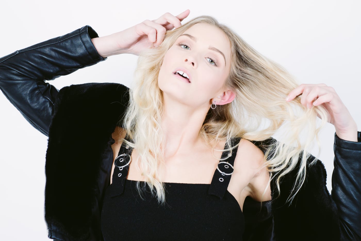 Blonde model leather, editorial fashion.