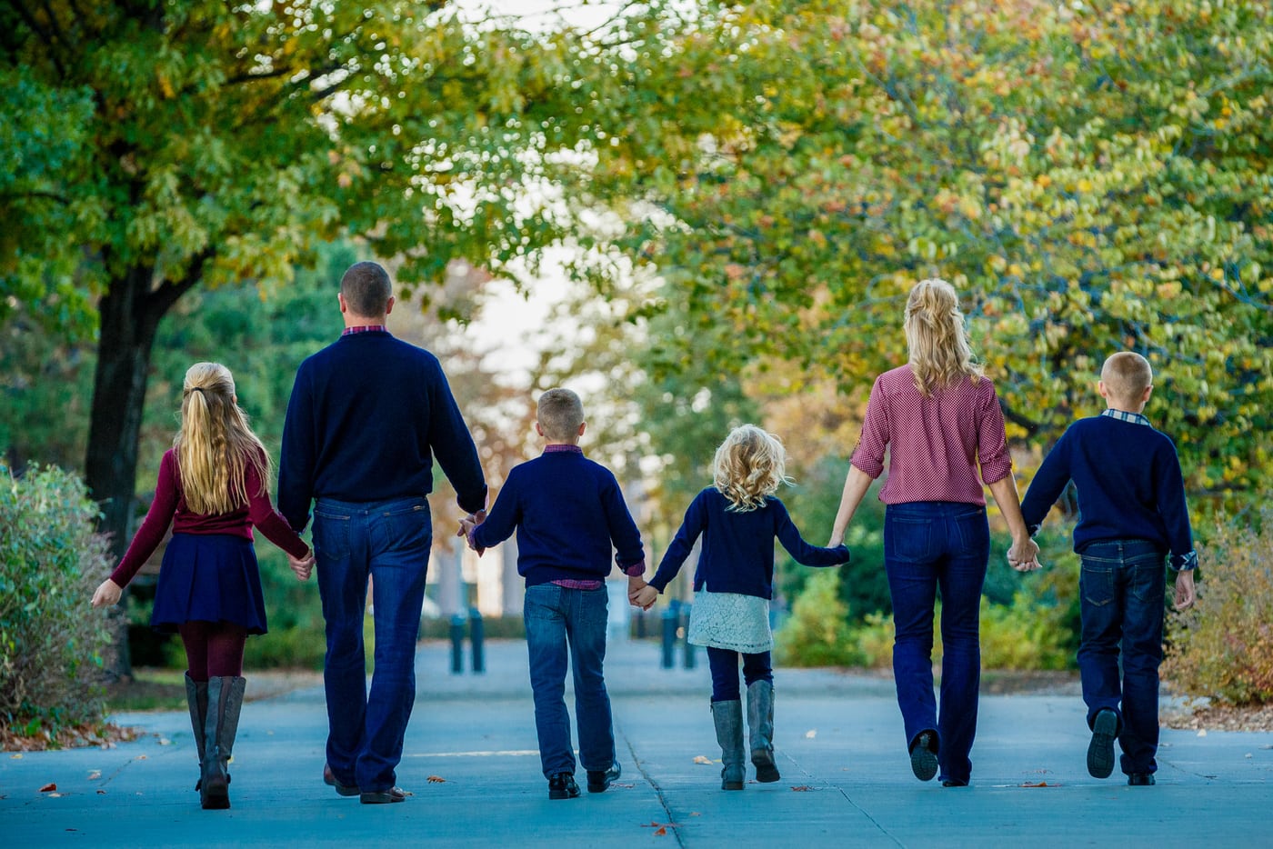 Family walking away, autumn tree tunnel, beautiful.
