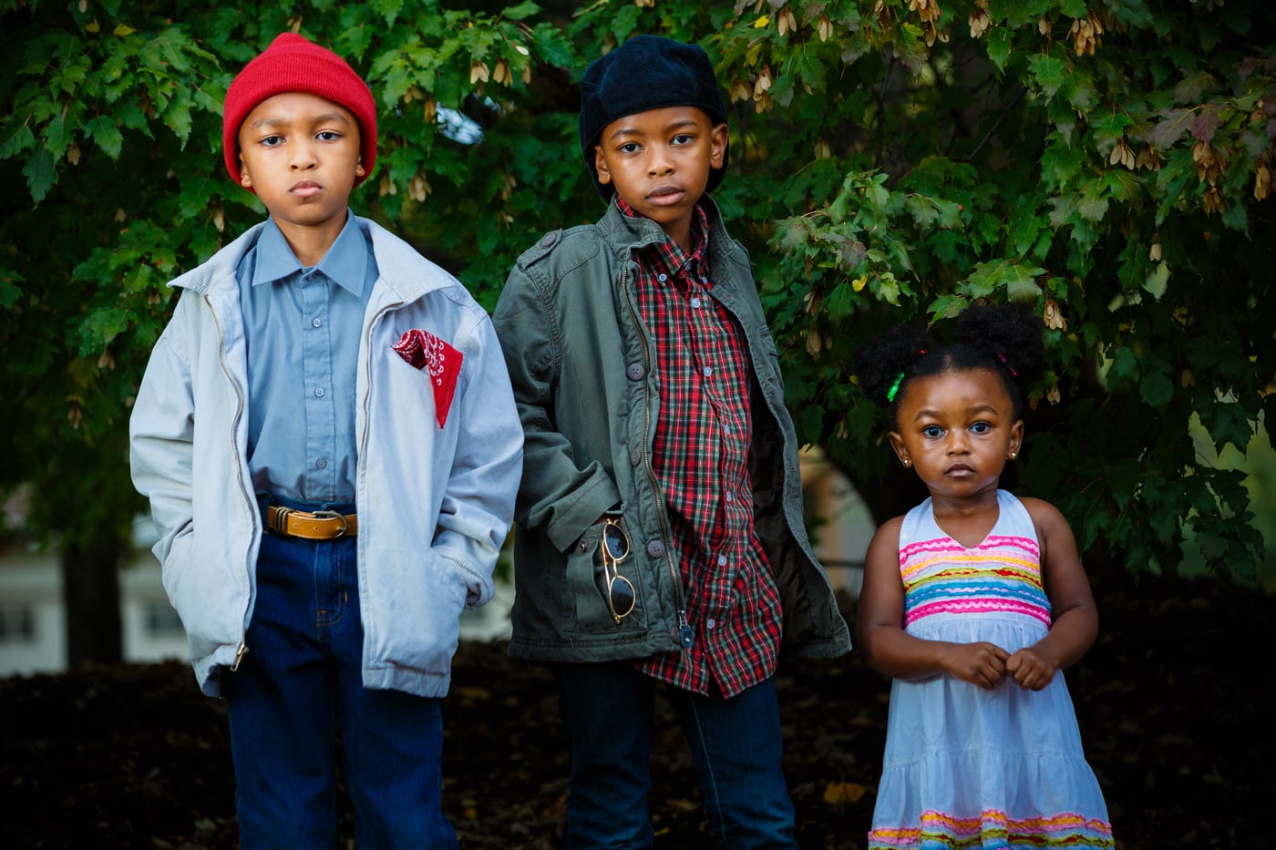 Three stylish kids, red beret + jackets, children editorial.