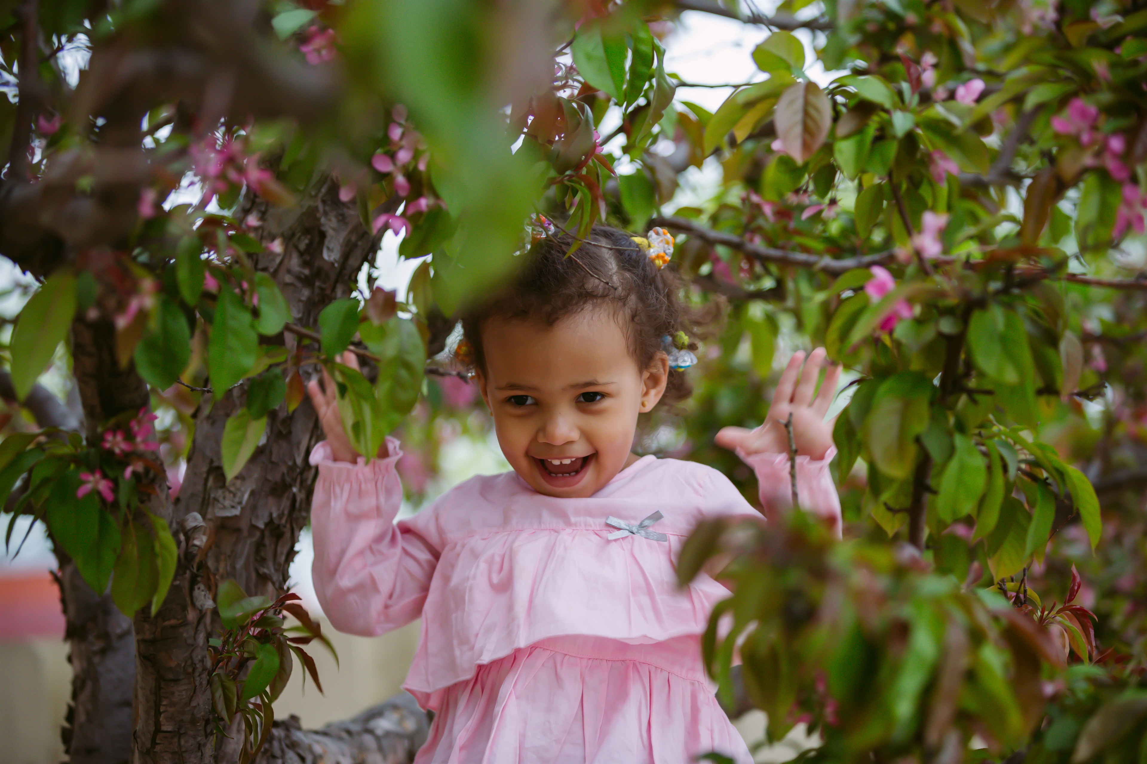 Child portrait in flowering tree, bright family-feeling frame.