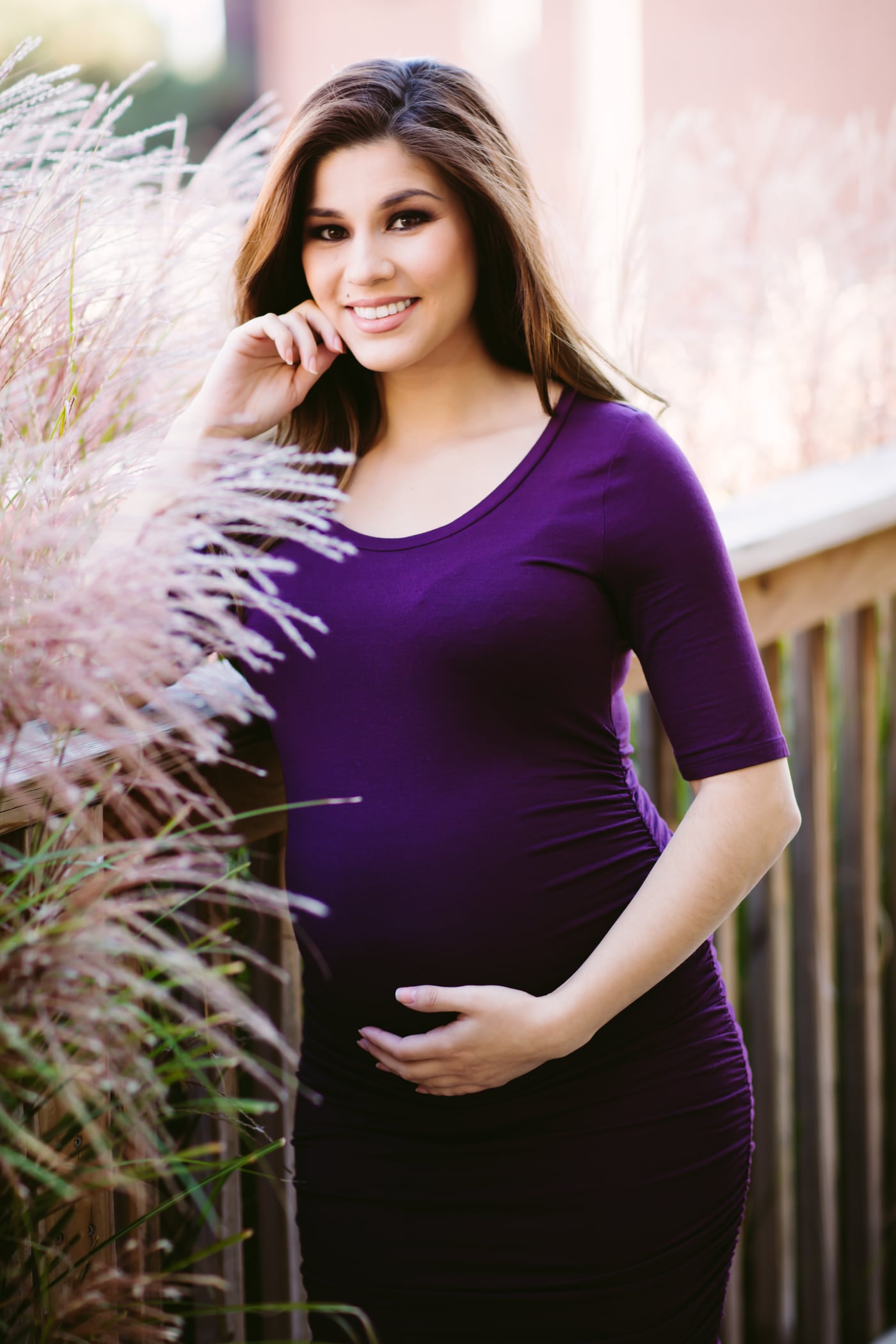 Purple top, grass, natural outdoor pregnant.