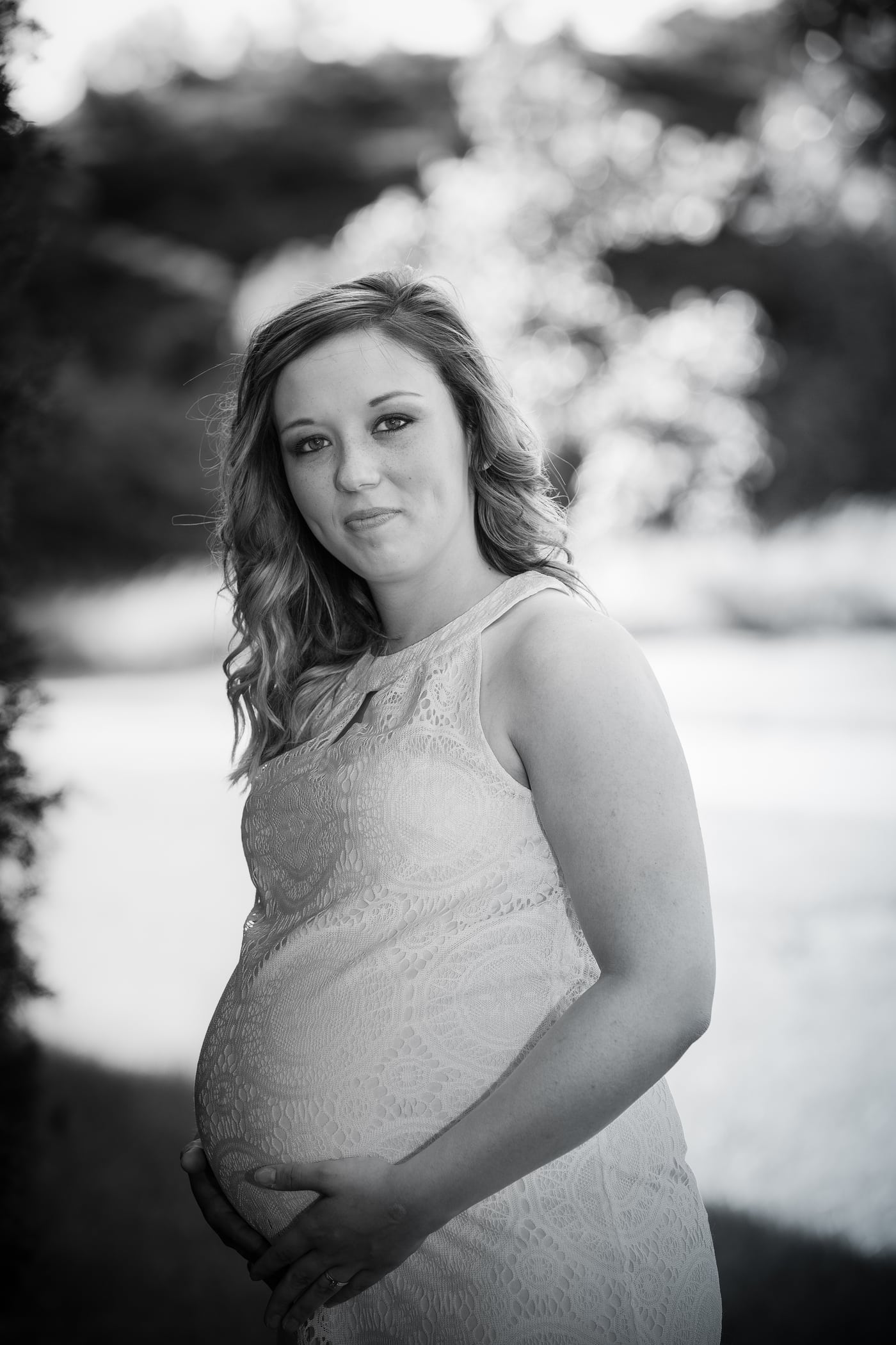 B&W gray dress, belly, maternity.