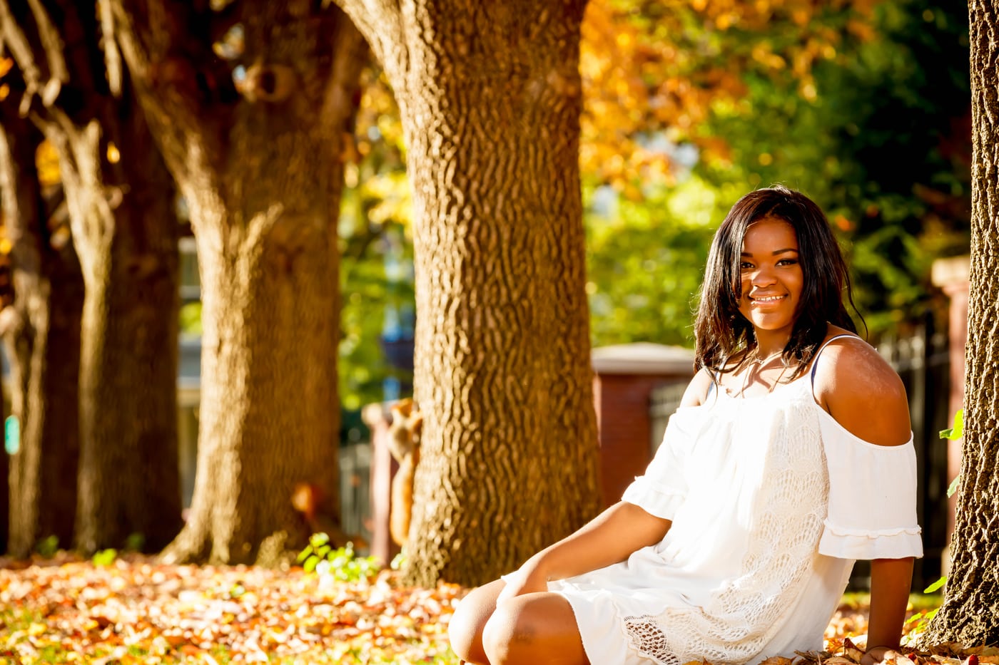 White dress, golden autumn tree tunnel, seated.