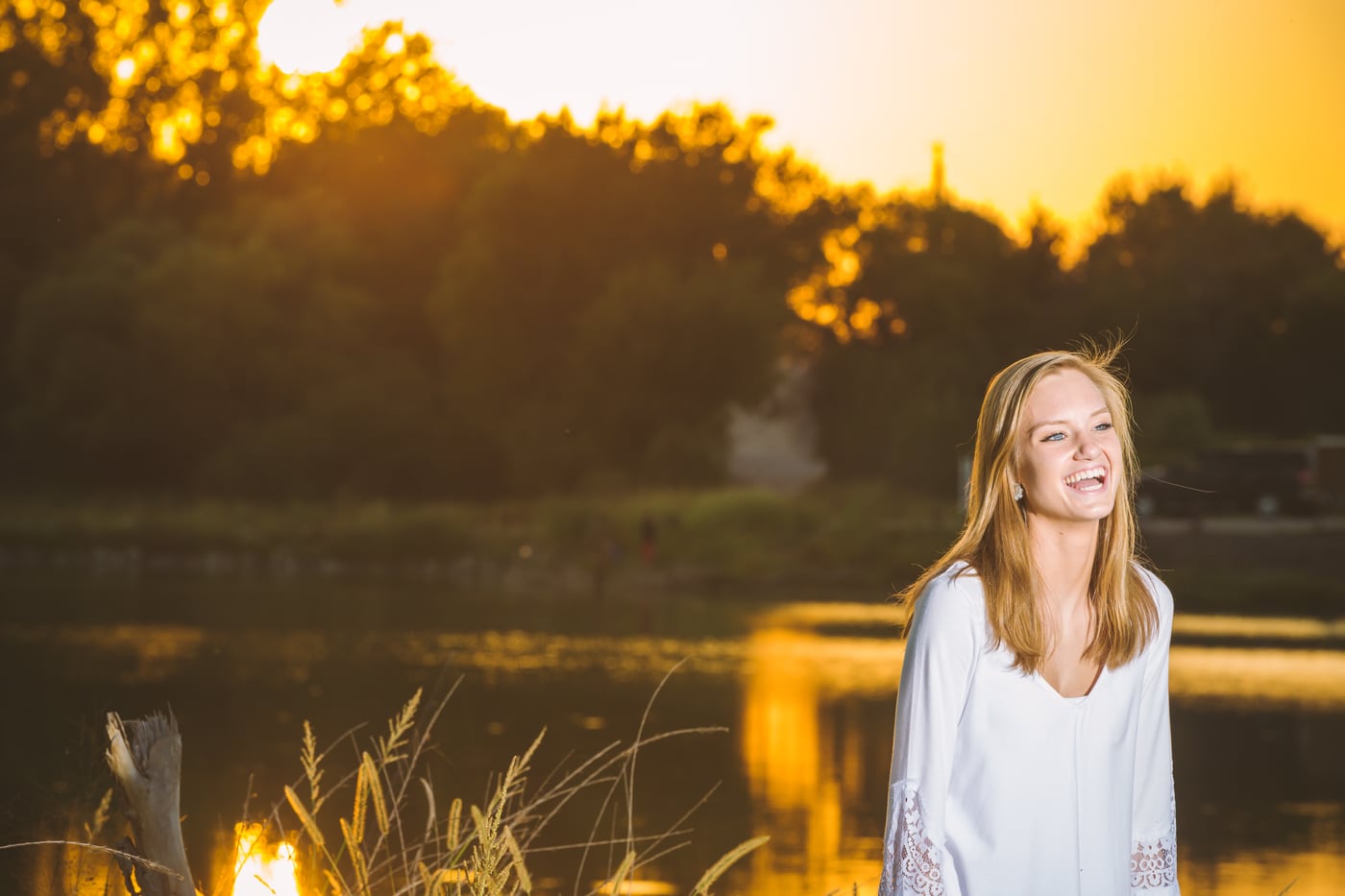 Senior white top, golden pond sunset.