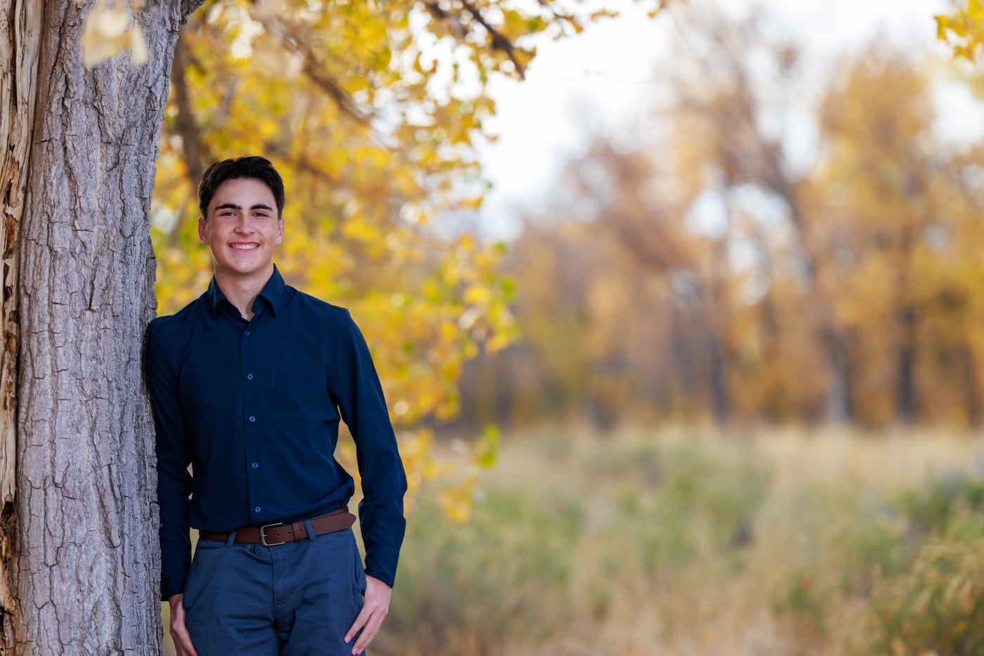 Senior boy navy shirt, autumn field.