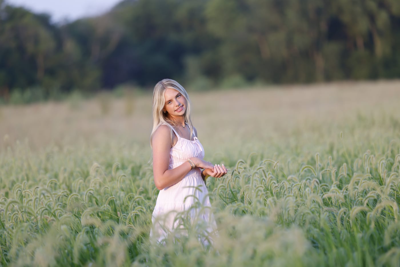 Girl in wheat field, sheer dress, dreamy.