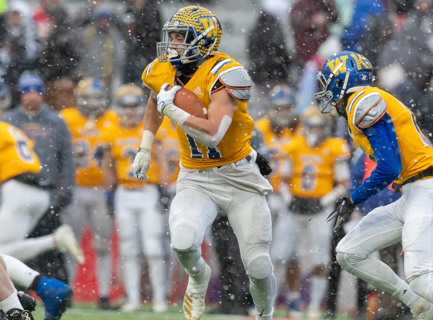 Snowy football game, running back, atmospheric action.