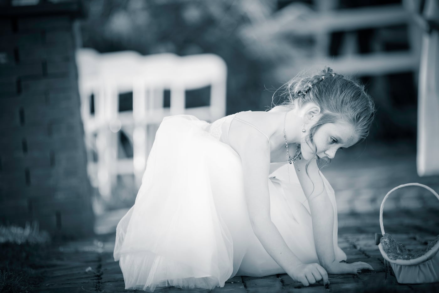 Flower girl B&W, white dress + basket.