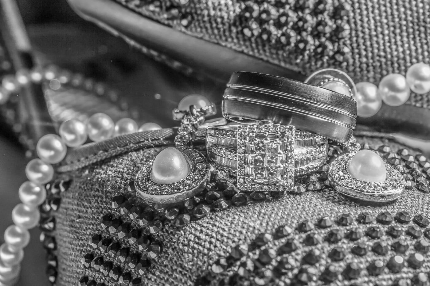 Rings + jewelry, B&W detail.