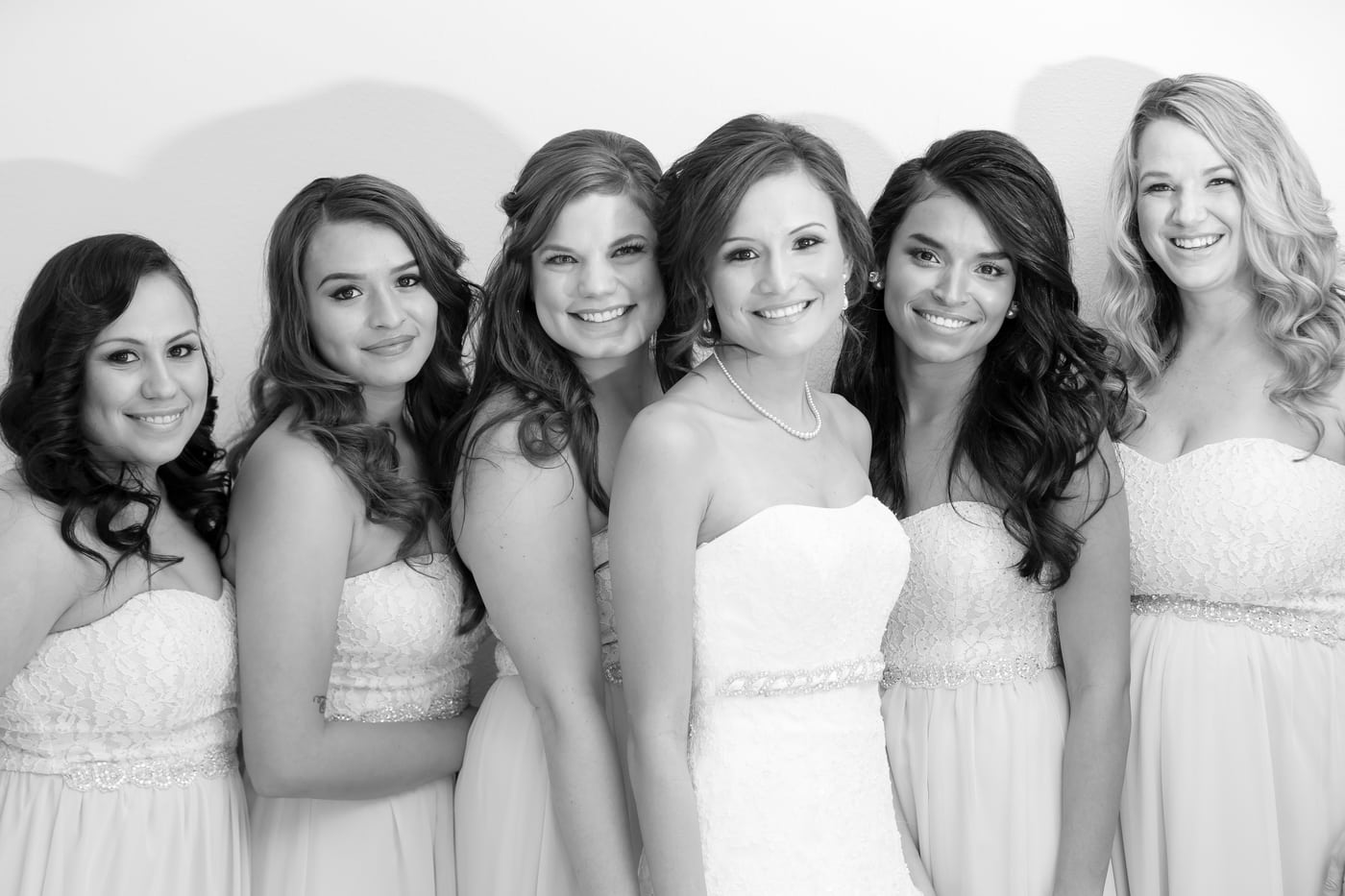 Bridesmaids in white, B&W group.