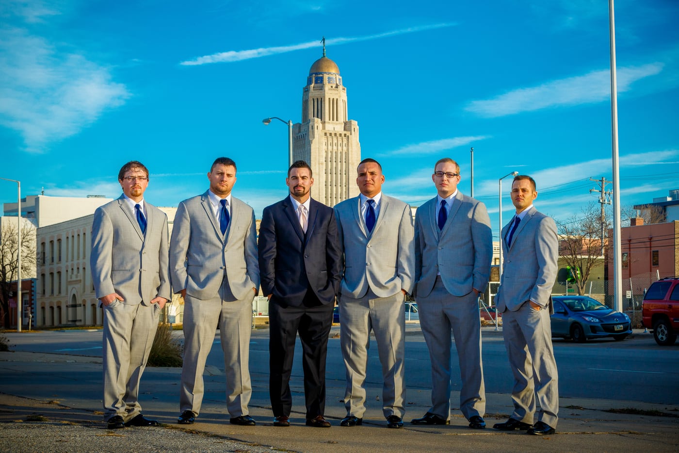 Groomsmen group at Lincoln capitol, strong group.
