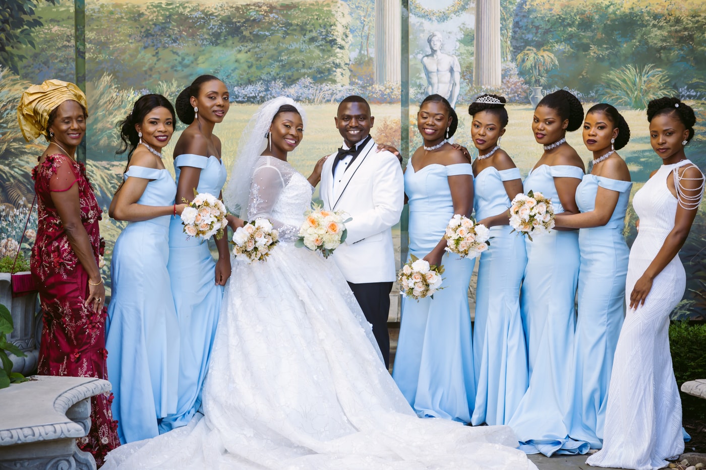 Wedding party in blue dresses.