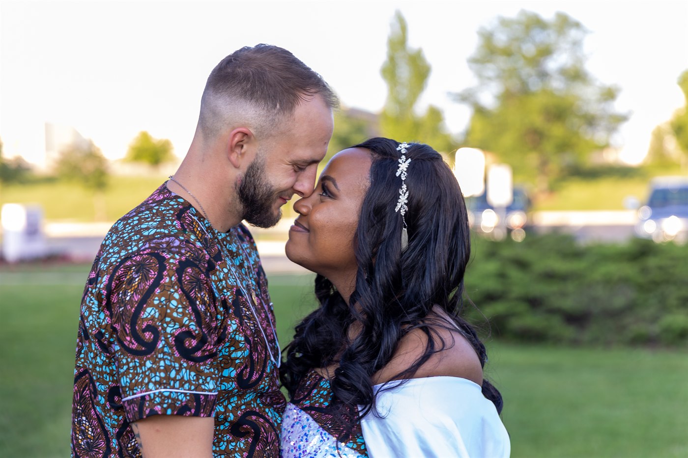 Engagement couple walking portrait.