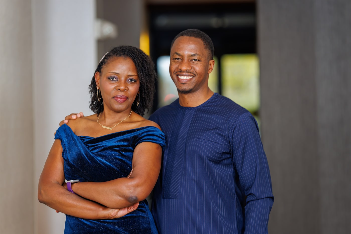 Elegant blue formal couple portrait.